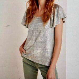 [New] Anthropologie (M) Tirana Gold Metallic Shimmer Flutter Sleeve Tee
